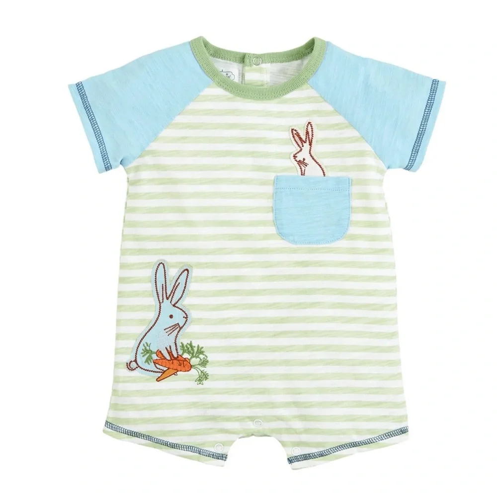 NWT Mudpie Green Stripe Easter Baby Shortall 9-12M Bunny Romper